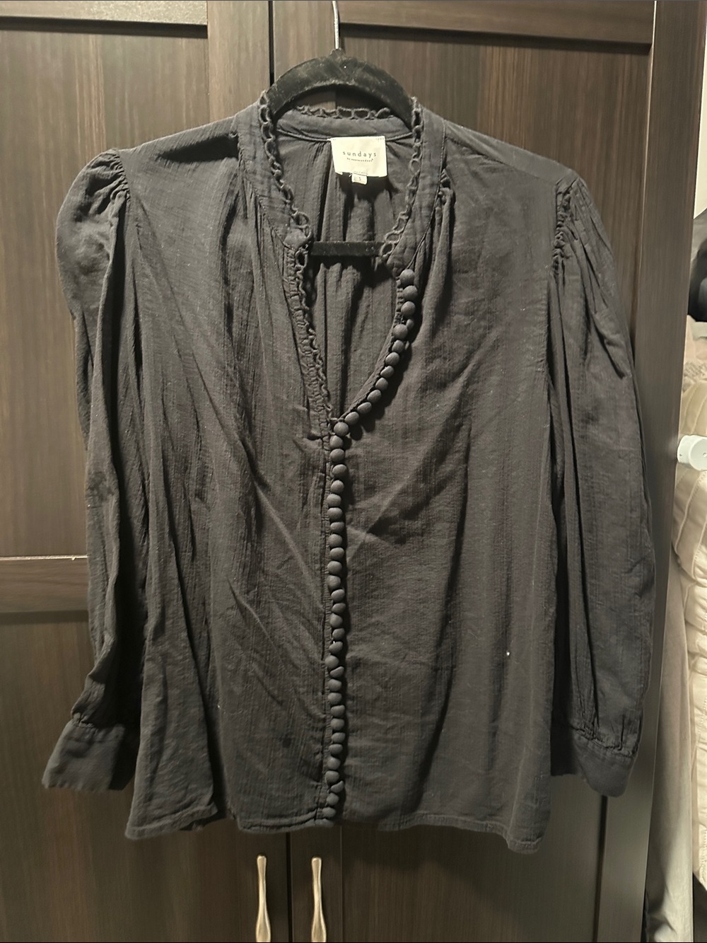 sundays Black Button-Front Peasant Blouse with Ruffle Trim
